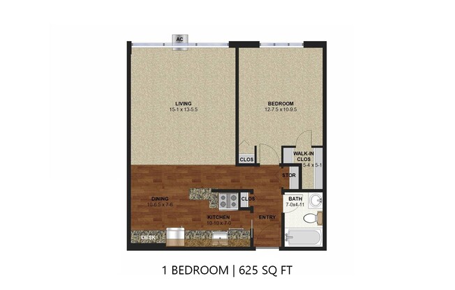 1 bed, 1 bath, 625 sqft, $1,145