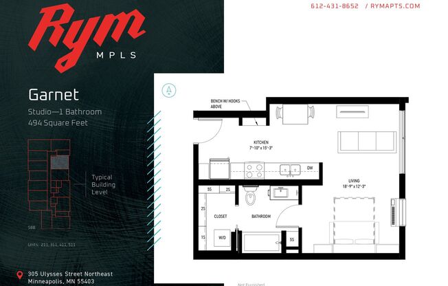 Studio, 1 bath, 494 sqft, $1,245, Unit 511