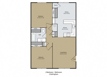 2 bedroom 1 bath room Cheltingham Floor Plan A at Scottsmen Too Apartments, California
