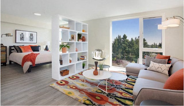 Studio Apartment with Living Room and Bedroom View with White Bookshelf separating and floor-to-ceiling windows at Arabella Apartment Homes, Shoreline