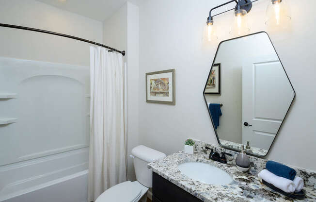 A bathroom with a white toilet, a sink, a mirror, and a shower.