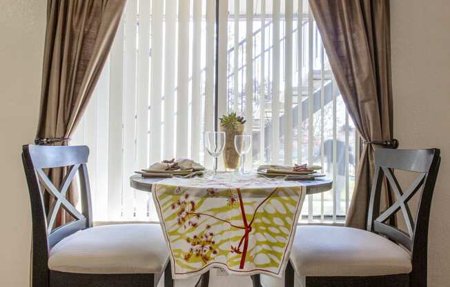 a dining table with two chairs in front of a window