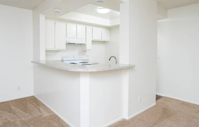 an empty kitchen with white cabinets and a counter top
