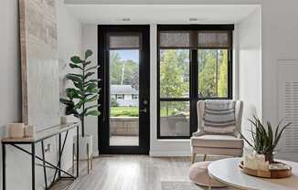 A modern living room with a black door and a view of a green lawn outside.
