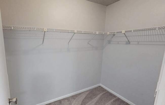 A room with a white wall and a grey carpet.