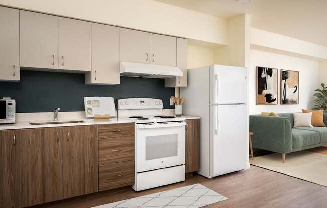A modern kitchen with white appliances and wooden cabinets.