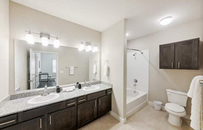 A bathroom with a double sink vanity and a white toilet.