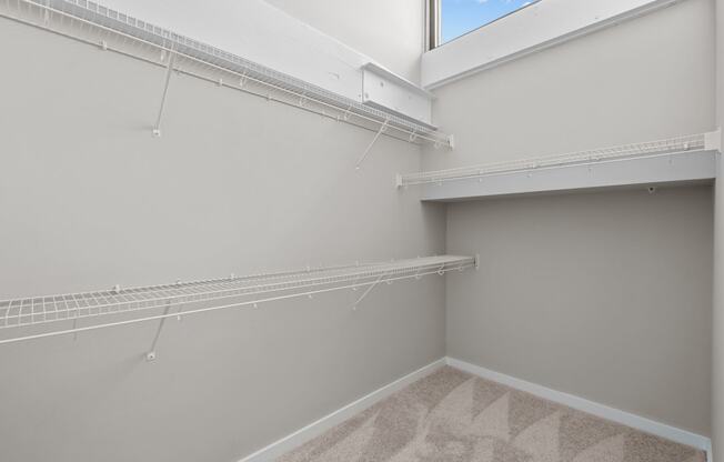 a spacious closet with shelves and a large window in a home with grey walls at Spinning Mill Lofts, Clayton, NC 27520