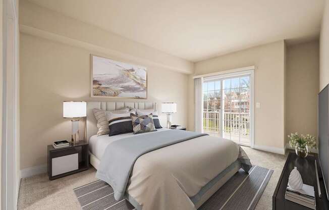 A bedroom with a large bed and a painting on the wall.