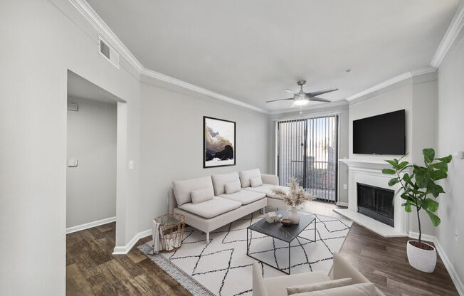 Model living room and patio door at Bridges at Oakbend, Lewisvillle, Texas