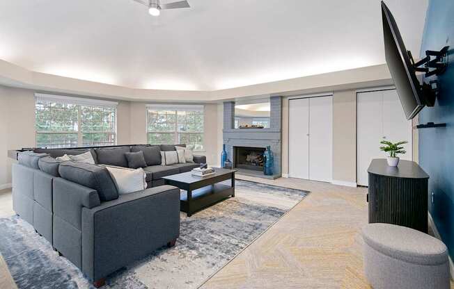 A living room with a grey couch, a coffee table, a television, and a fireplace.