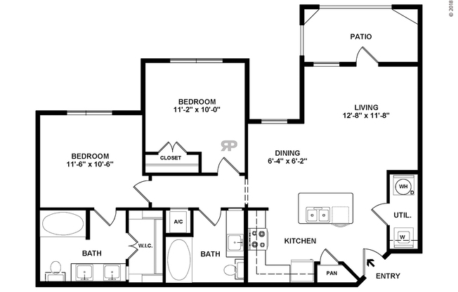 2 beds, 2 baths, 950 sqft, $1,501