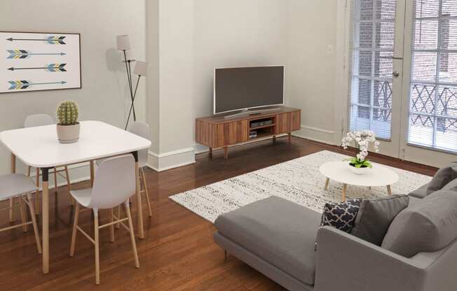 One-bedroom apartment living area (virtually staged) at Highview and Castle Manor, Washington, DC