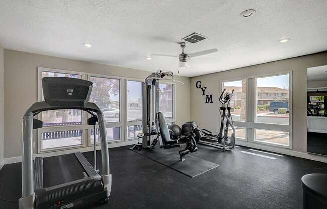 A home gym with a treadmill, elliptical machines, and weights.