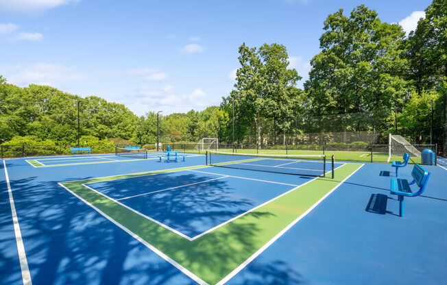 a couple of tennis courts with trees in the background