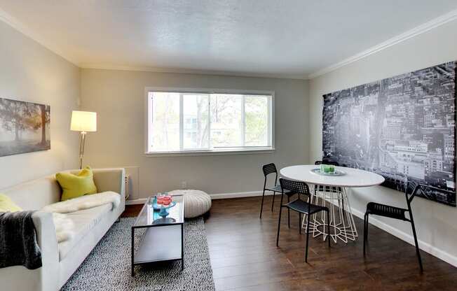 Living area with modern decor at THE POST Apartments, PLEASANT HILL 