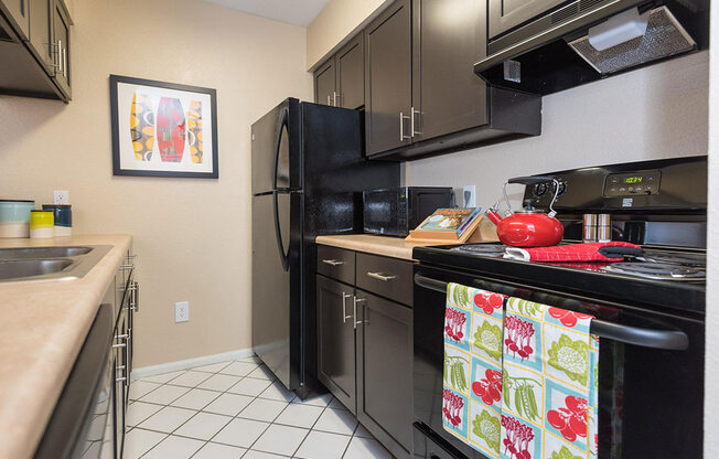 Updated Kitchen With Black Appliances at Reflection Cove Apartments, Missouri, 63021