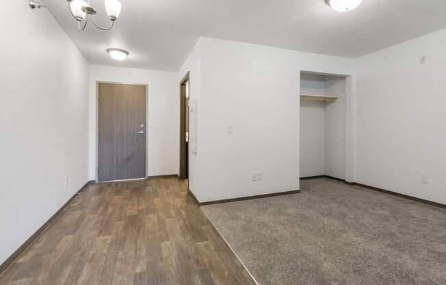 A room with a wooden floor and a grey door.