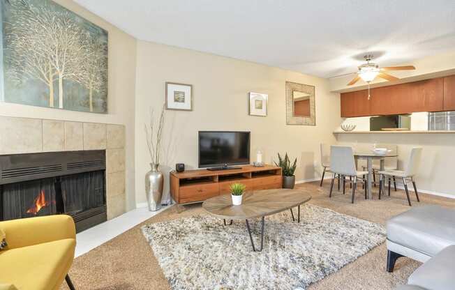 a living room with a fireplace and a television