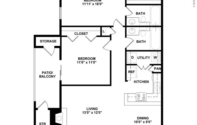 2 beds, 2 baths, 970 sqft, $1,160