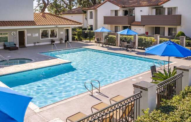 A swimming pool surrounded by blue umbrellas and chairs.