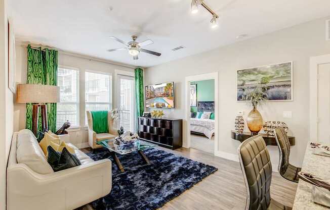 A living room with a white couch and a blue rug.