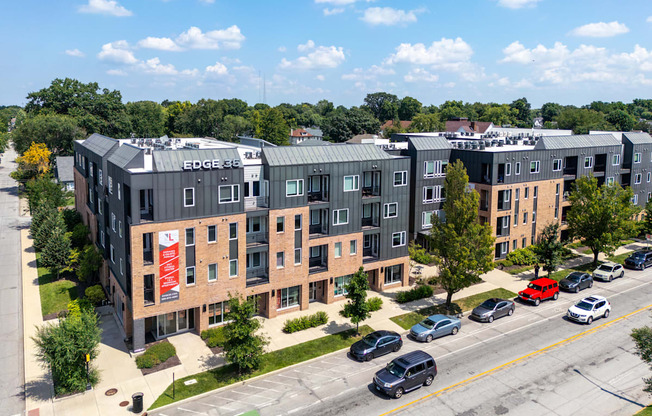 A large building with the words EDGE 330 on the side of it.