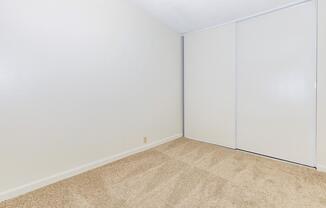 Empty room with beige carpet flooring and a plain white wall. There is a sliding closet door on the right side, and the ceiling has a slight slope. The space appears clean and minimalistic, suitable for various uses or decoration.