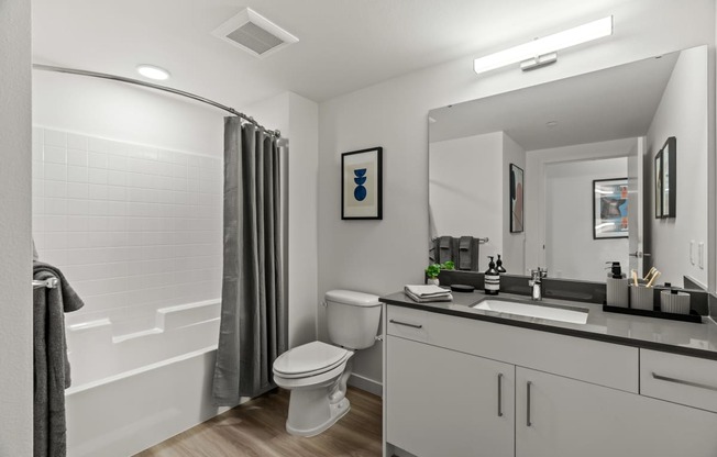a bathroom with a shower toilet and sink and a mirror at Baldwyn, Seattle Washington