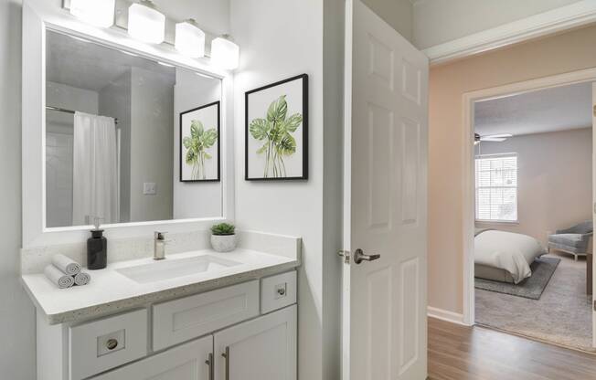 Renovated bathroom with updated vanity at Elme Marietta Apartments, Marietta, GA, 30067