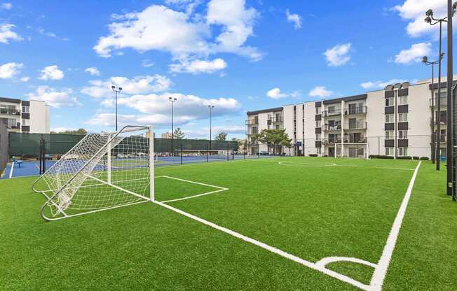A soccer field with a goal in the middle of it.