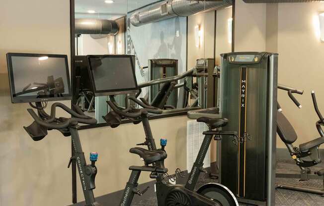 A row of stationary bikes are lined up in a gym.