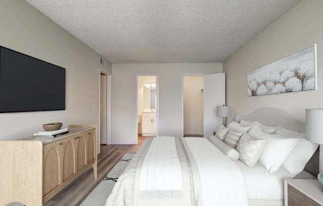 A bedroom with a large bed, a wooden cabinet, and a painting on the wall.