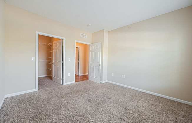 a spacious living room with carpet and a closet