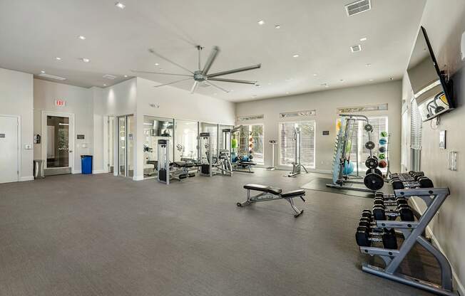 A spacious gym with a variety of equipment and mirrors on the walls.