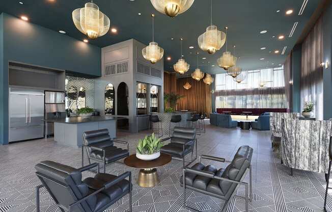 A modern living room with a dining table and chairs.