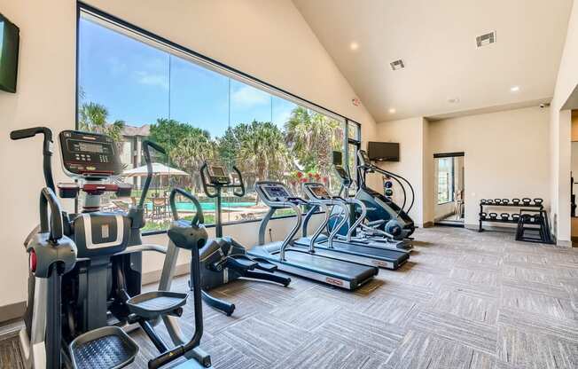 the gym at the preserve at polo towers has cardio equipment and a large window at River Pointe, Texas, 77304