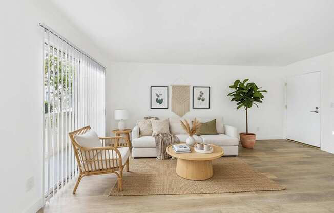 A living room with a white couch, a wooden chair, a coffee table, and a potted plant.
