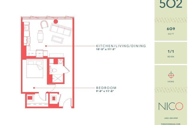 1 bed, 1 bath, 609 sqft, $1,205, Unit 502