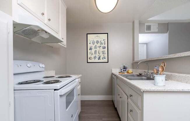 A small white kitchen with a fridge, stove, and sink.