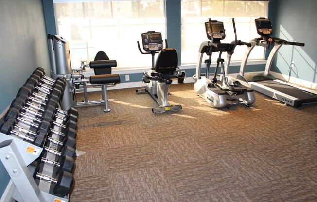 This is a photo of the fitness center showing workout machines at Woodbridge Apartments in Dallas, TX.