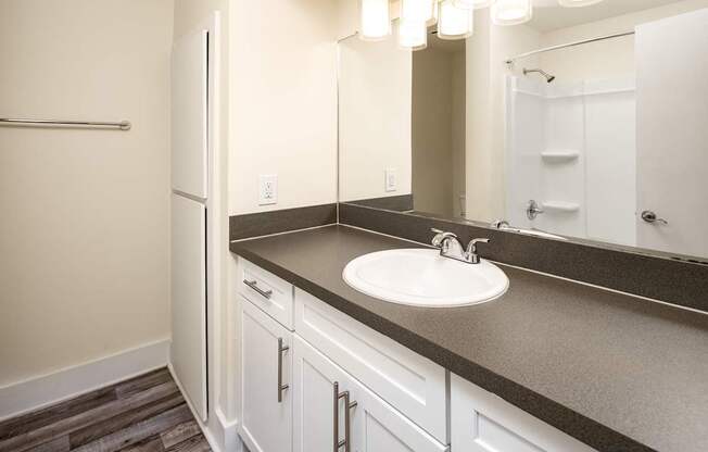 A bathroom with a sink, mirror, and wooden floors.