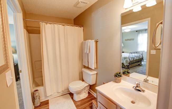 a bathroom with a shower toilet and sink and a mirror