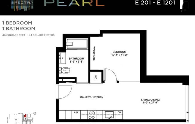 1 bed, 1 bath, 474 sqft, $1,661, Unit E201