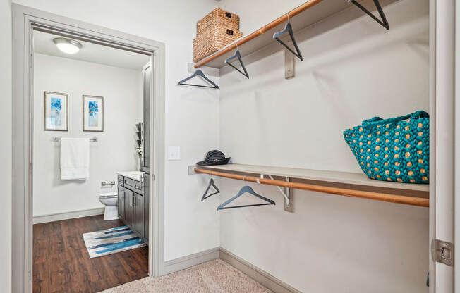 the entrance to a bathroom with a mirror and a closet with shelves and a toilet