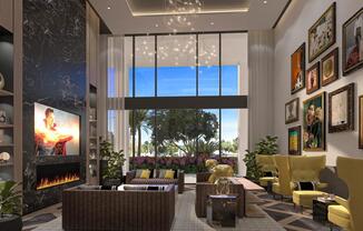 Media lounge with fireplace and comfortable seating.