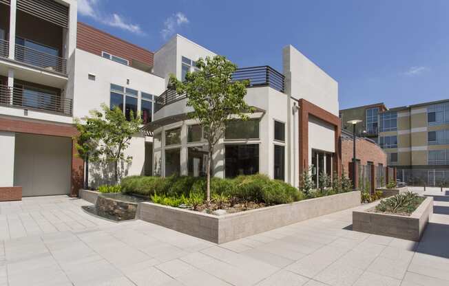 a courtyard with trees and plants in front of a building