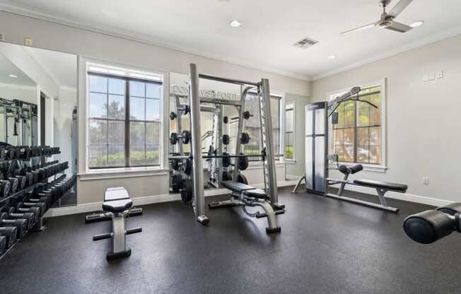 Free weights and fitness equipment in the 24 hour gym at Ballantrae Apartments