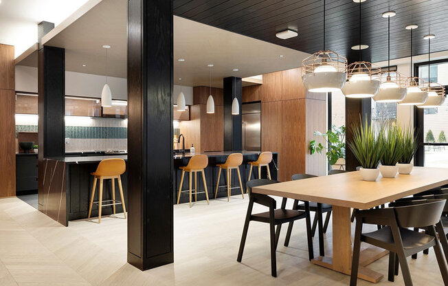 Community room with kitchen at The Hill Apartments, Saint Paul, 55102