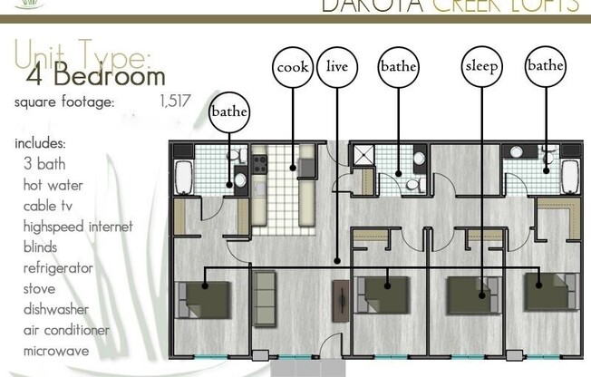 4 beds, 3 baths, 1,517 sqft, $1,895, Unit 304
